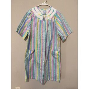 Vintage Leisure Life Stripe House Coat MuMu Robe Medium Coastal Seersucker